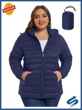 Plus Size Women's Puffer Jacket Hooded Quilted Zip Up